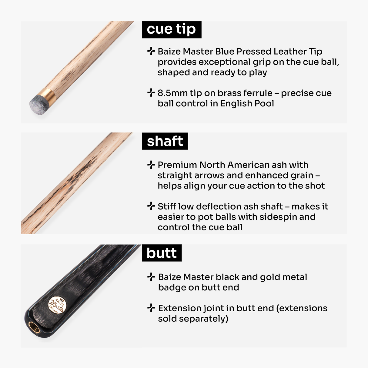 Baize Master Cobalt Marksman 57 Inch 1 Piece English Pool Cue with 8.5mm Baize Master Blue Pressed Tip