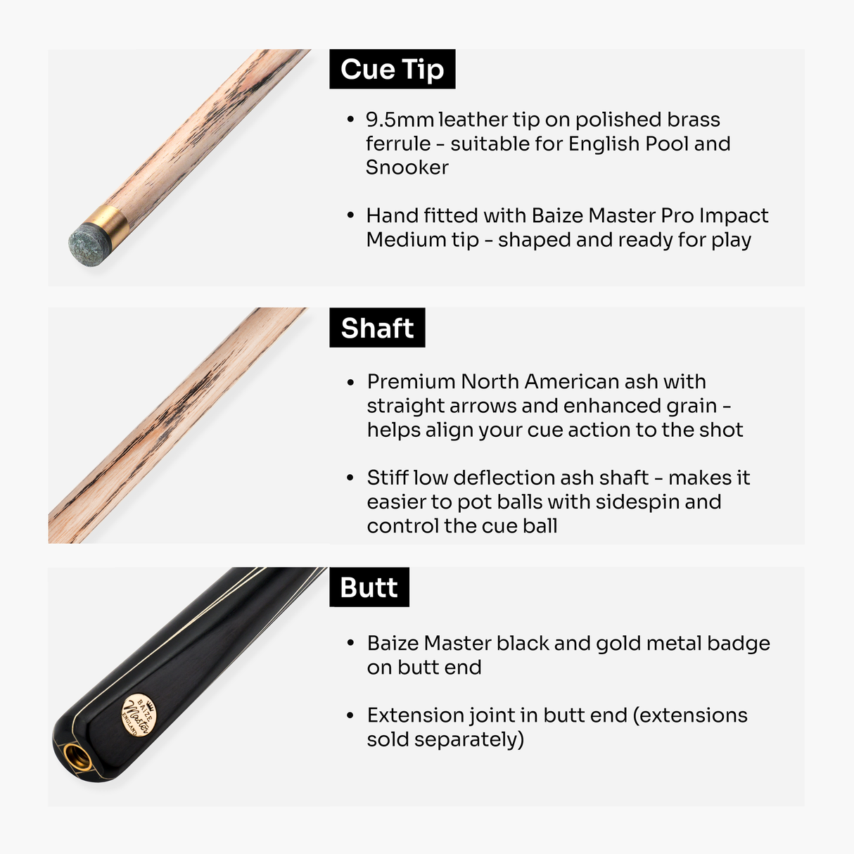Baize Master Black Centurion 58 Inch 3/4 Joint Hand Spliced Snooker and Pool Cue with 9.5mm Pro Impact Hybrid Tip Baize Master