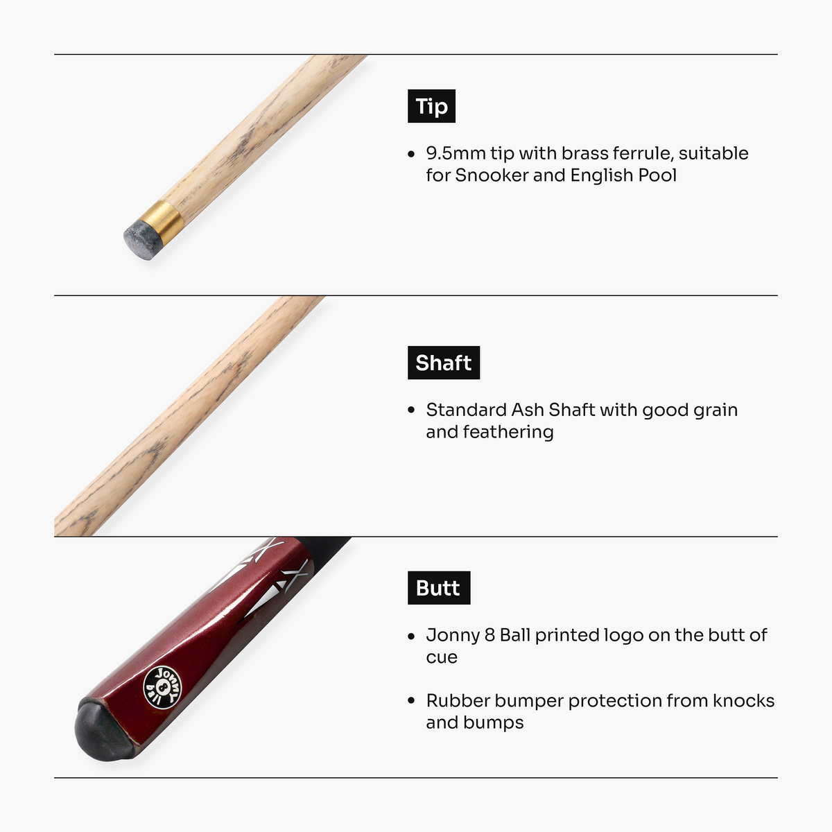 Jonny 8 Ball Torpedo 57 Inch 2 Piece Snooker and Pool Cue with 9.5mm Layered Tip