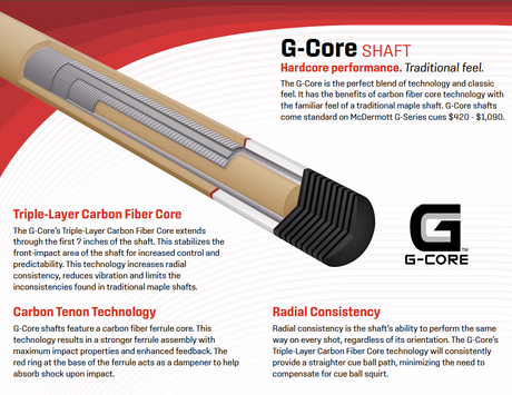 McDermott G-Core Hybrid Maple and Carbon American Pool Cue Shaft 13mm Tip - SHAFT ONLY Cue + Case