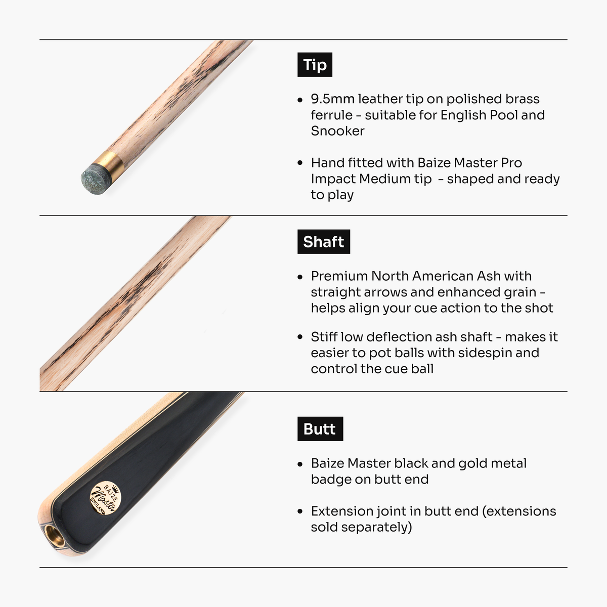 Baize Master Lunar Centurion 58 Inch 3/4 Joint Hand Spliced Snooker and Pool Cue with 9.5mm Pro Impact Hybrid Tip