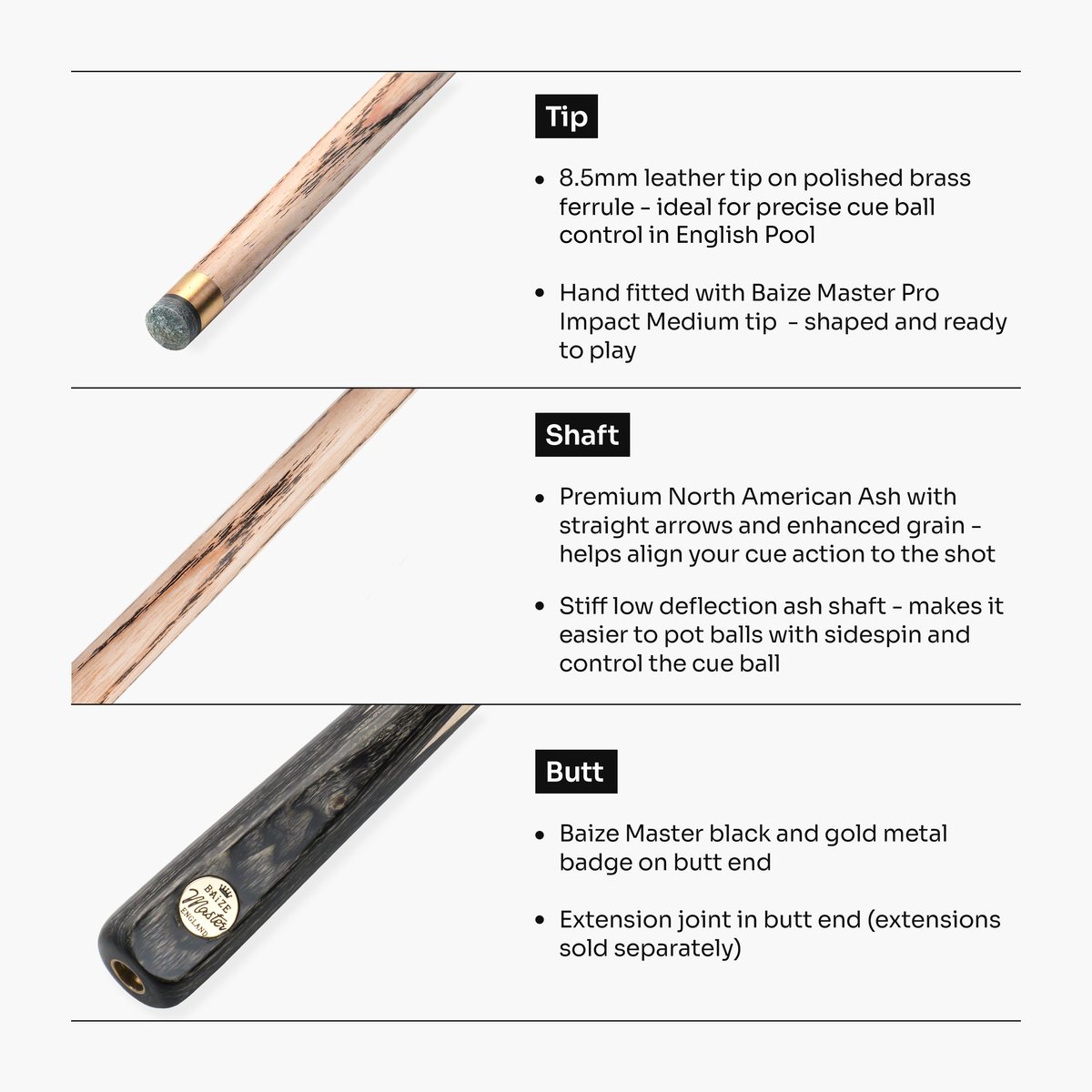 Baize Master Silver Marksman 57 Inch 1 Piece English Pool Cue with 8.5mm Baize Master Pro Impact Tip
