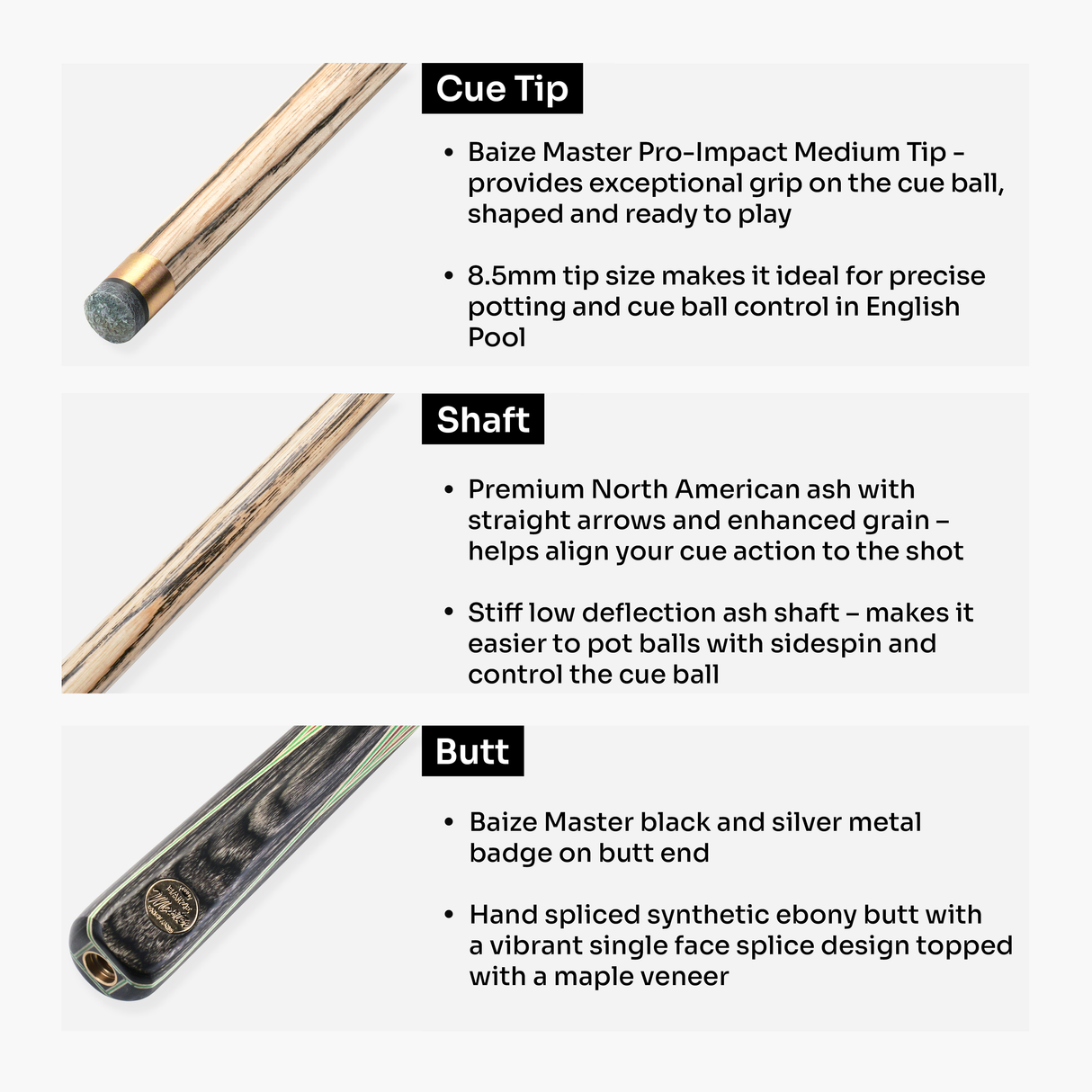 Baize Master Mint Marksman ¾ Joint English Pool Cue with 8.5mm Baize Master Pro Impact Hybrid Tip