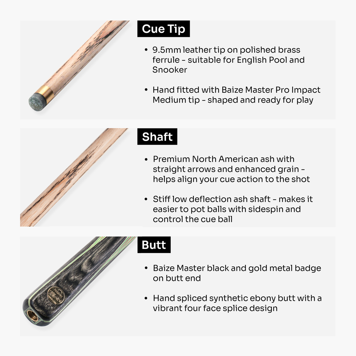 Baize Master Mint Centurion 58 Inch 3/4 Joint Hand Spliced Snooker and Pool Cue with 9.5mm Pro Impact Hybrid Tip Baize Master