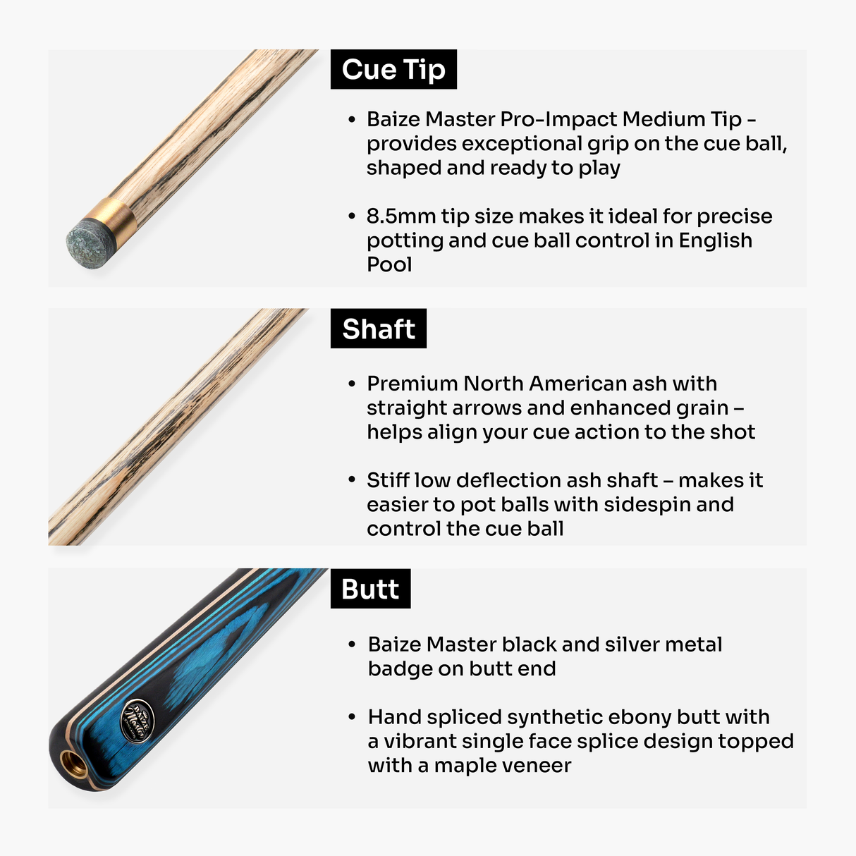 Baize Master BLACKLINE CLASSIC 2 Piece English Pool Cue 8.5mm Baize Master Pro Impact Tip