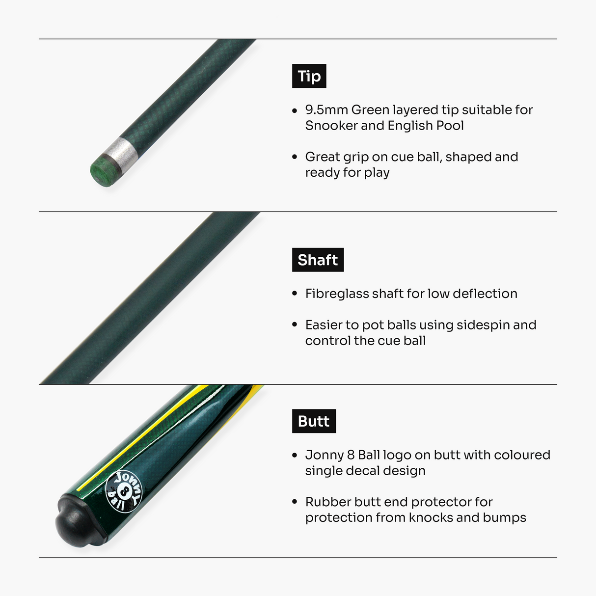 Jonny 8 Ball Inferno 2 Piece Graphite Fiberglass Cue and Case Set 9.5mm Green Layered Tip