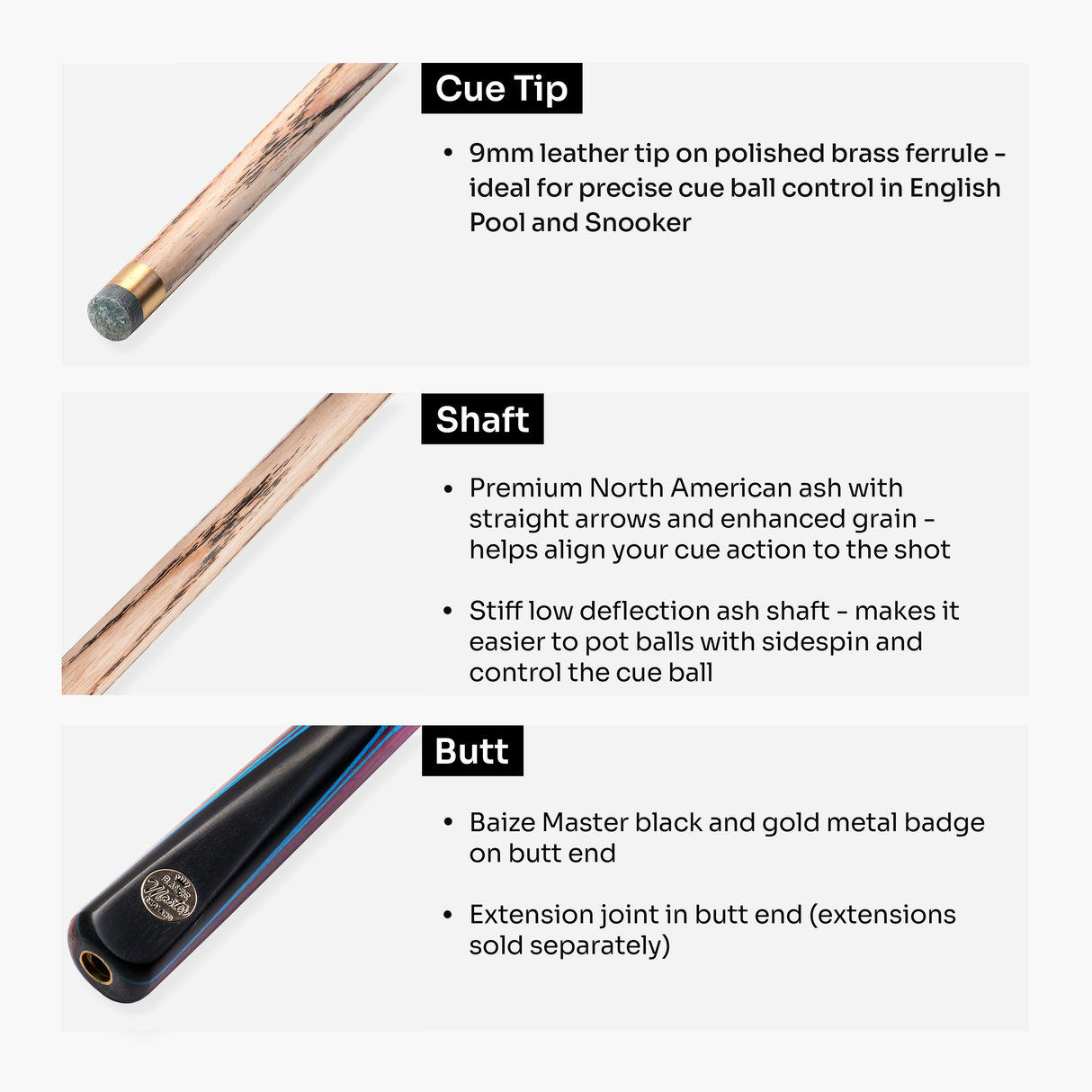 Baize Master Junior Marksman 52 Inch 3/4 Joint English Pool Cue with 9mm Tip