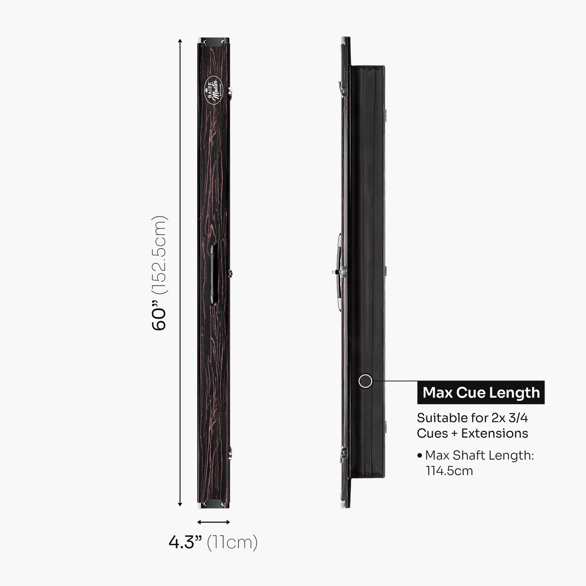 Baize Master Woodgrain 3/4 3 Slot Aluminium Snooker and Pool Cue Case - Holds 2 Cues + Extensions
