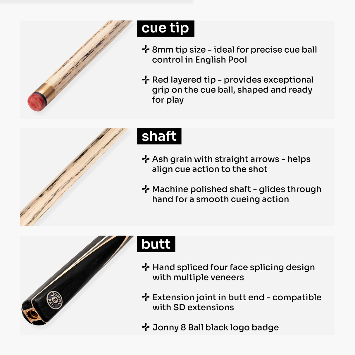 Jonny 8 Ball 3/4 SNIPER 57 Inch Ash English Pool Cue with 8mm Layered Pro Tip