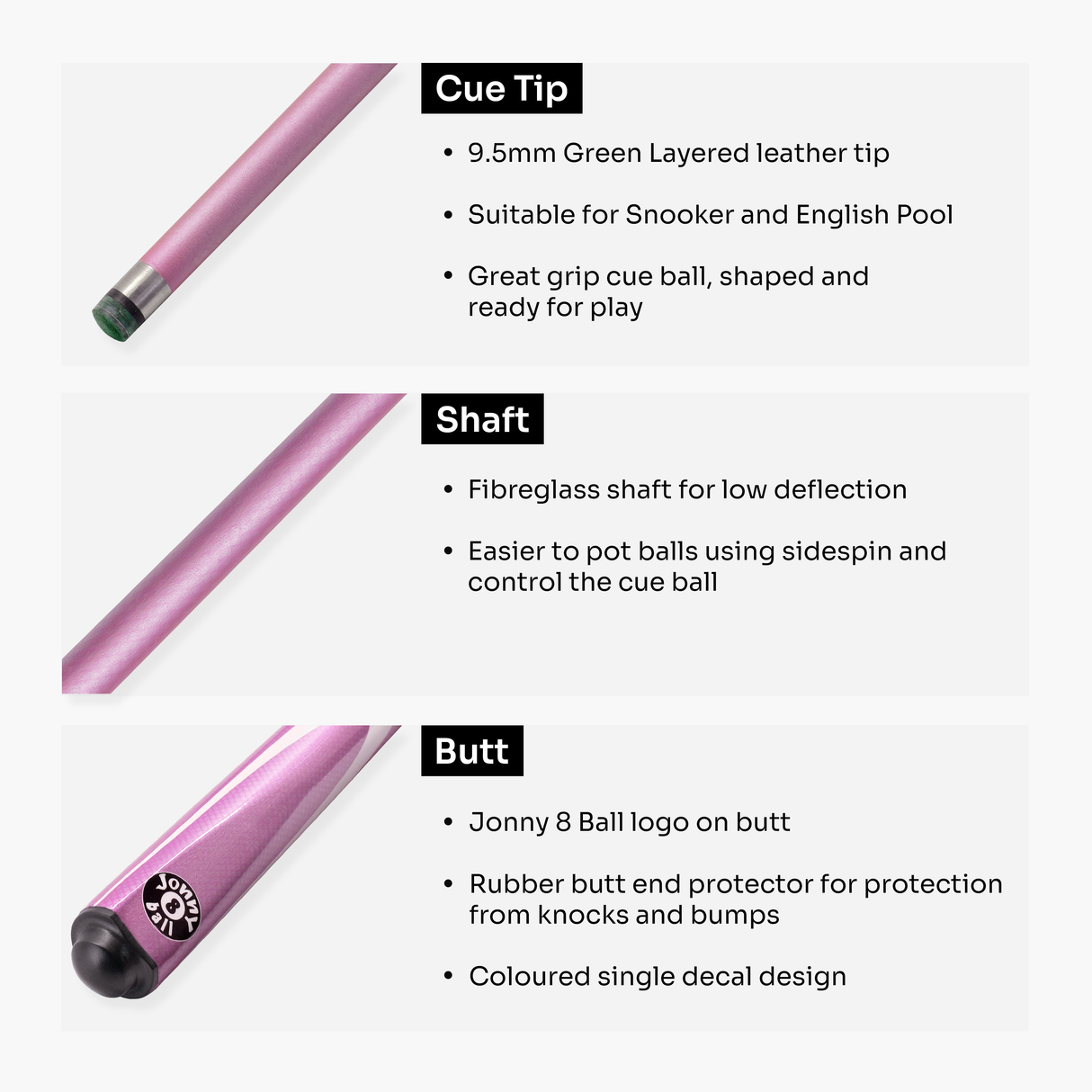 Jonny 8 Ball Inferno 2 Piece Graphite Fiberglass Snooker and Pool Cue 9.5mm Green Layered Tip