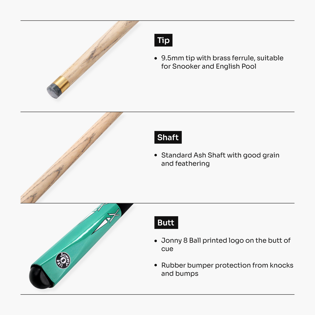 Jonny 8 Ball Teal Torpedo 48 Inch 2 Piece Junior Kids Snooker and Pool Cue 9.5mm Tip