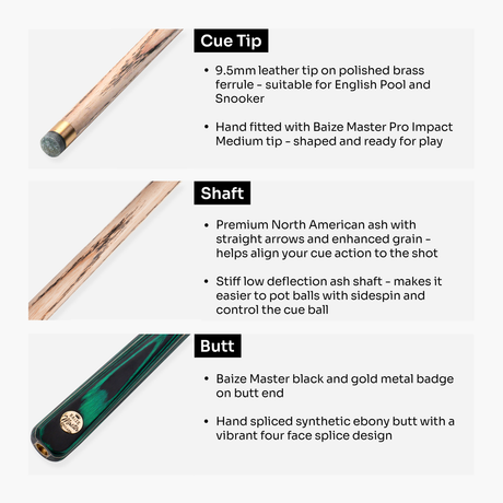 Baize Master Emerald Centurion 58 Inch 3/4 Joint Hand Spliced Snooker and Pool Cue with 9.5mm Pro Impact Hybrid Tip Baize Master