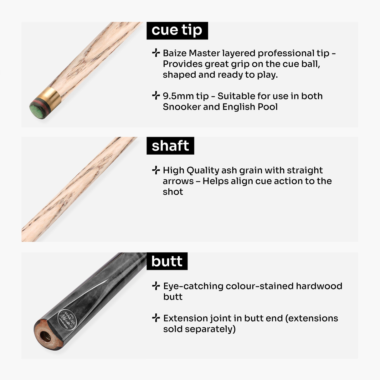 Baize Master CONQUEST 52 Inch 2 Piece Junior Snooker Pool Cue with 9.5mm Tip