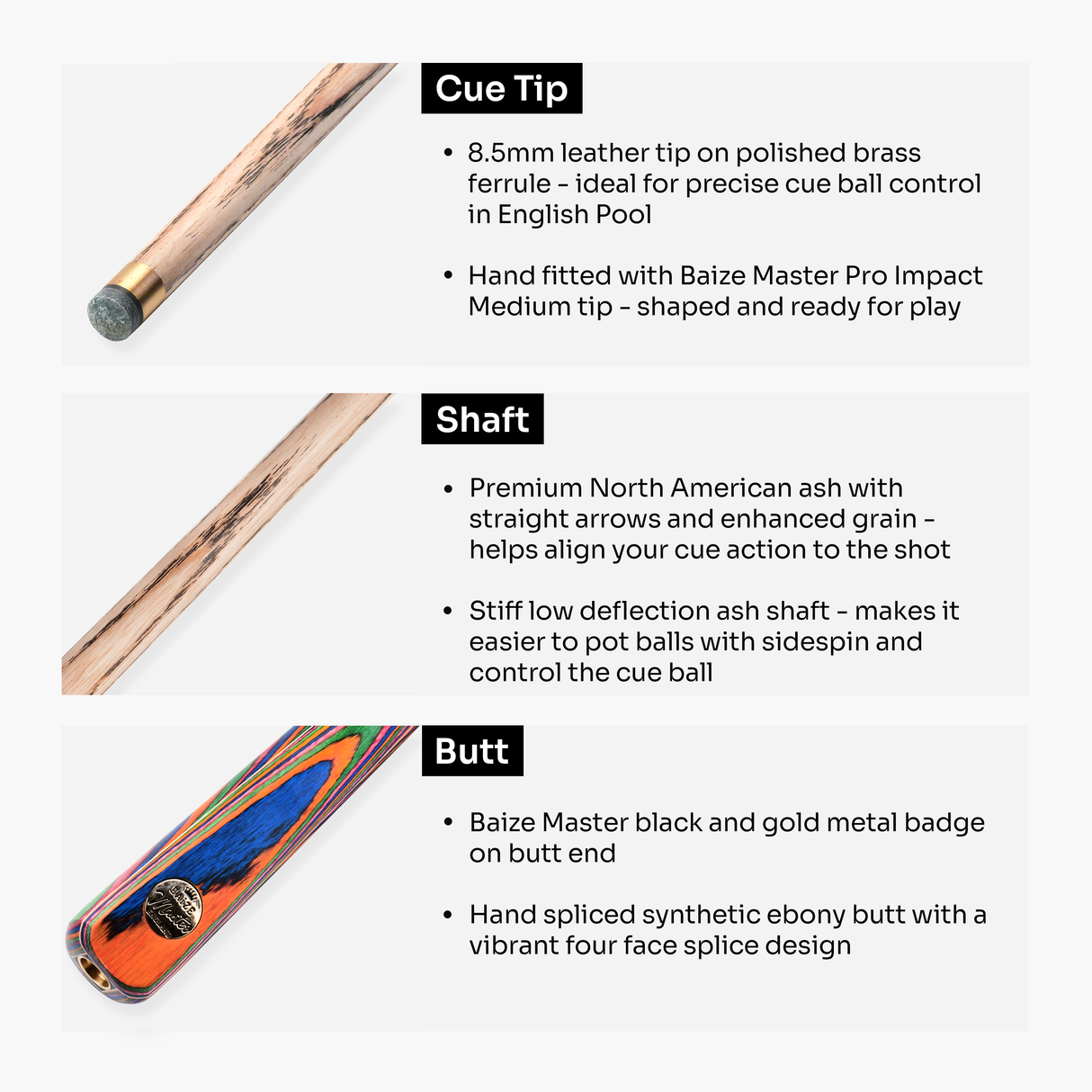 Baize Master Prism Marksman ¾ Joint English Pool Cue with 8.5mm Baize Master Pro Impact Hybrid Tip