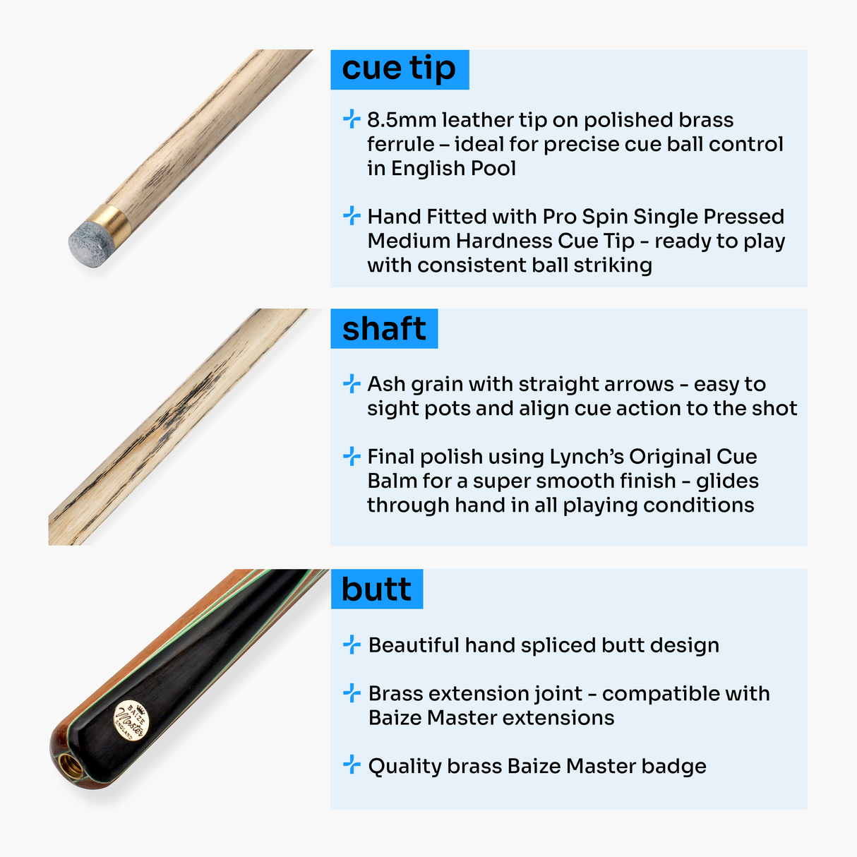 Baize Master Limited Edition Gold Series Green Flash 57 Inch ¾ Professional English Pool Cue 8.5mm with with Hand Fitted PRO SPIN Medium Tip - Hand Finished in the UK by Cue Care Jim using Lynch’s Cue Balm