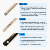 Baize Master Limited Edition Gold Series Green Flash 57 Inch ¾ Professional English Pool Cue 8.5mm with with Hand Fitted PRO SPIN Medium Tip - Hand Finished in the UK by Cue Care Jim using Lynch’s Cue Balm