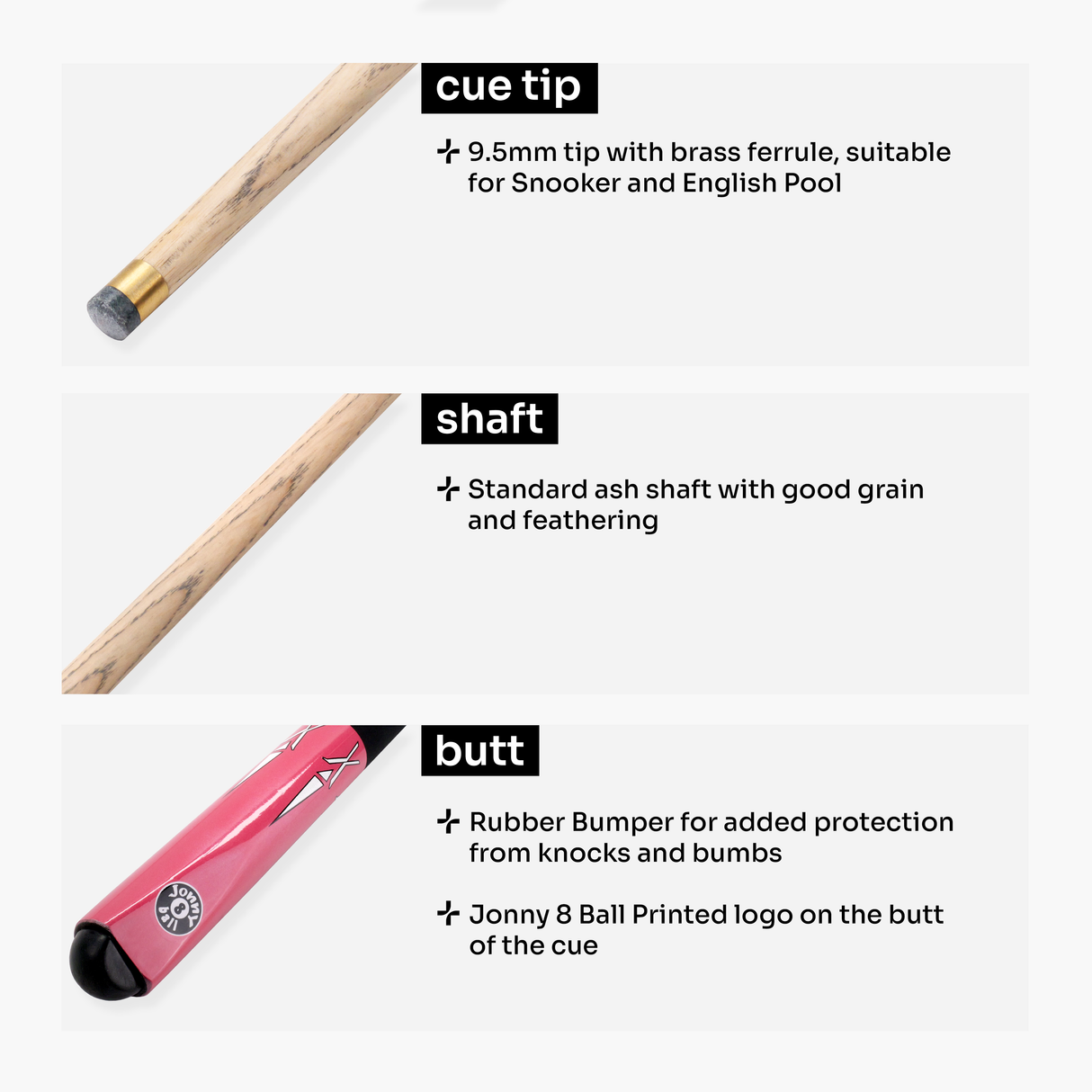 Jonny 8 Ball PINK TORPEDO 48 Inch 2 Piece Junior Kids Snooker Pool Cue and Case Set 9.5mm Tip