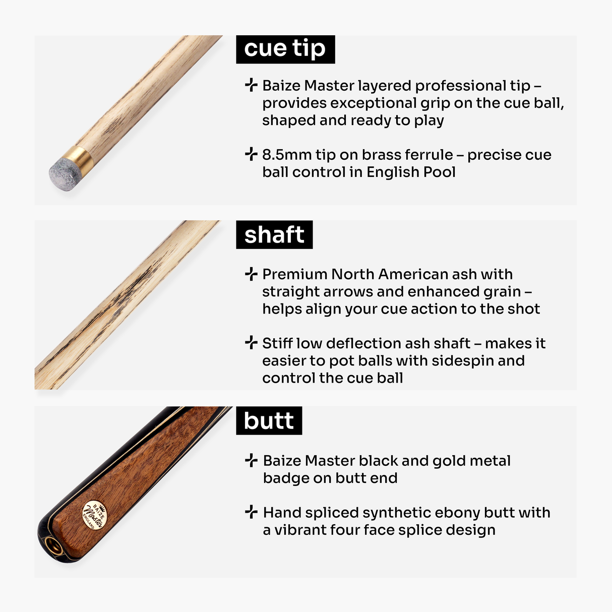 Baize Master White Marksman ¾ Joint English Pool Cue with 8.5mm Baize Master Blue Pressed Tip