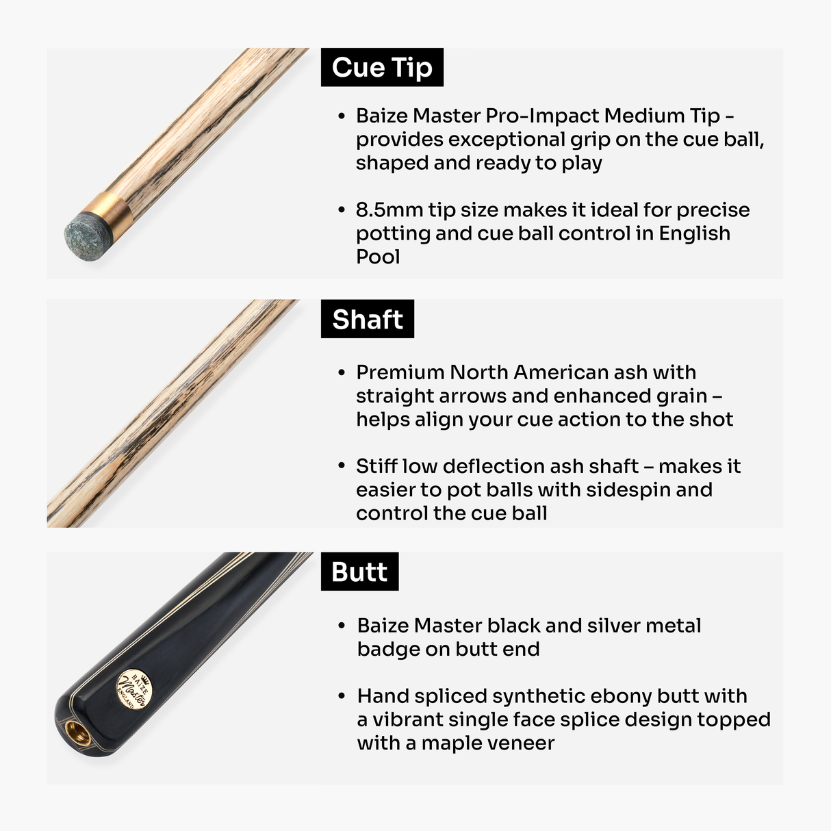 Baize Master Midnight Marksman ¾ Joint English Pool Cue with 8.5mm Baize Master Pro Impact Hybrid Tip