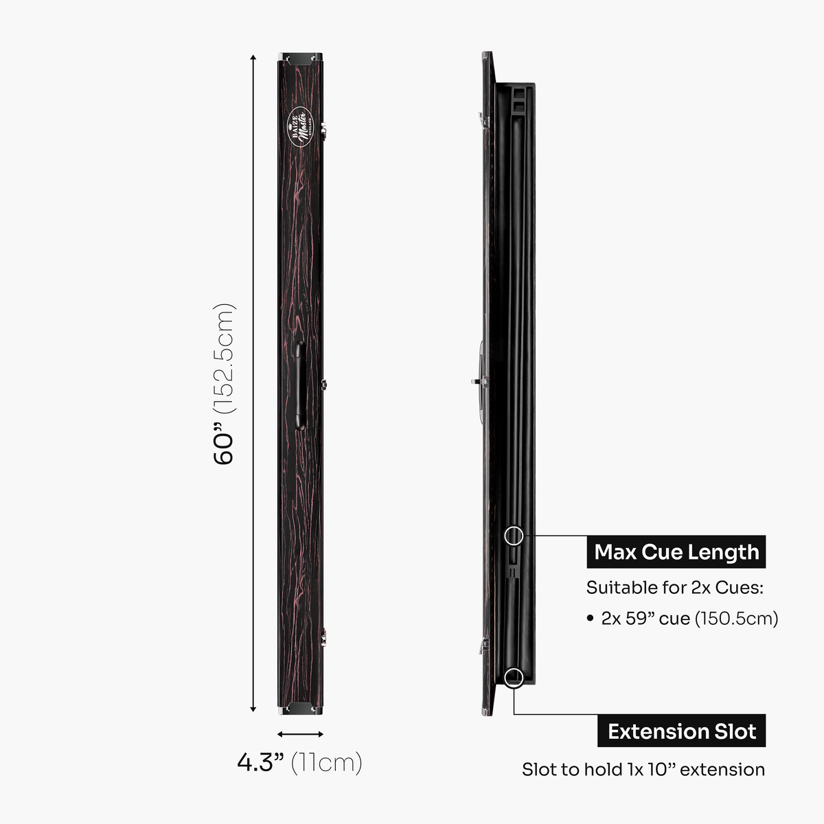 Baize Master Woodgrain 1 Piece 3 Slot Aluminium Snooker and Pool Cue Case - Holds 2 Cues + Extensions