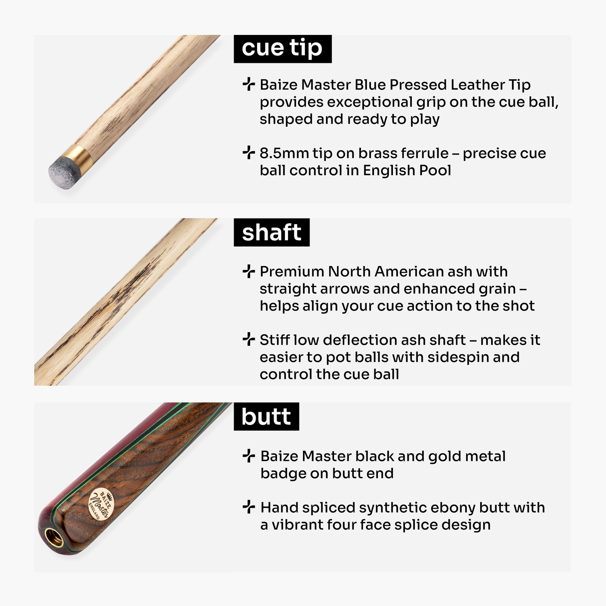 Baize Master Scarlet Marksman ¾ Joint English Pool Cue with 8.5mm Baize Master Blue Pressed Tip