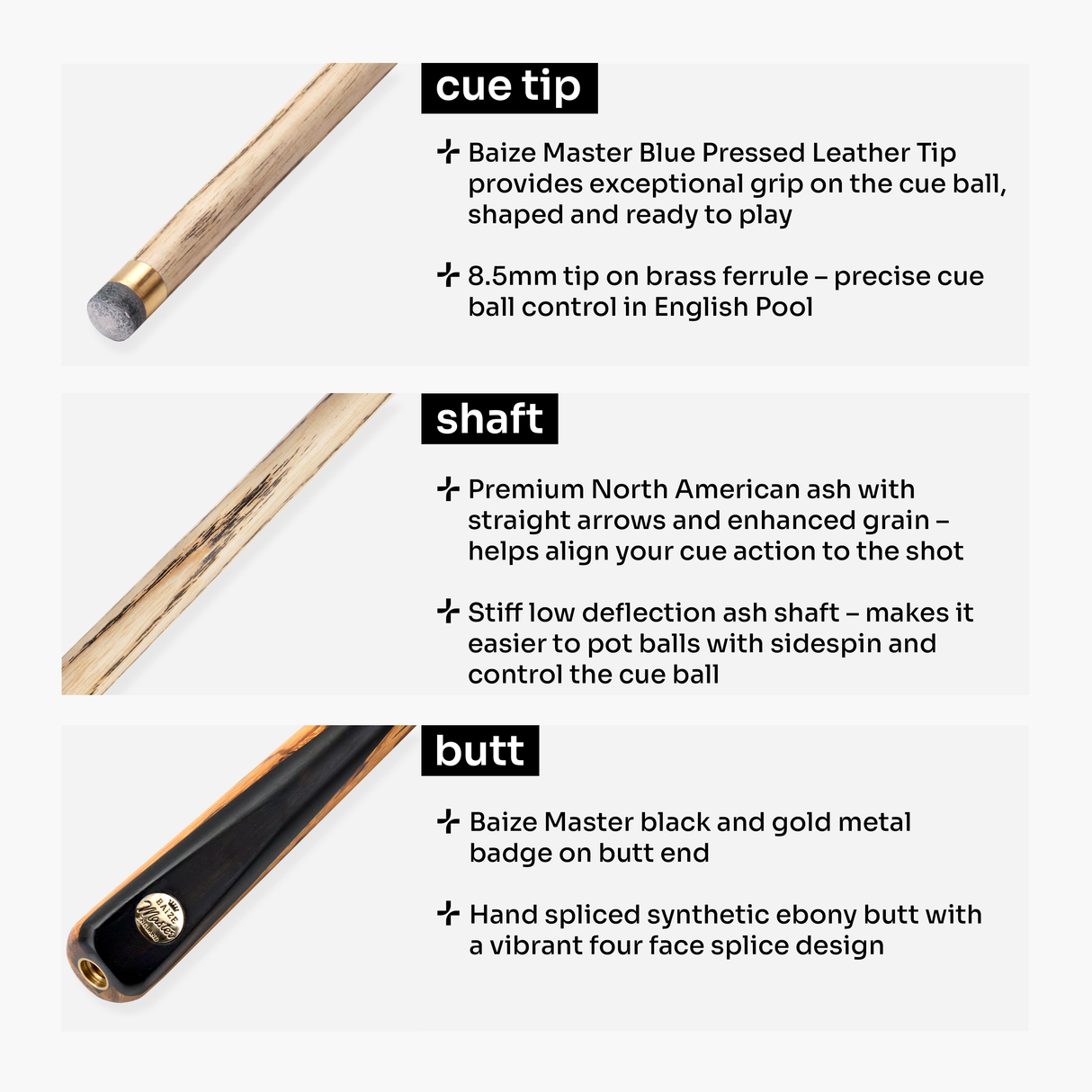 Baize Master Ember Marksman ¾ Joint English Pool Cue with 8.5mm Baize Master Blue Pressed Tip