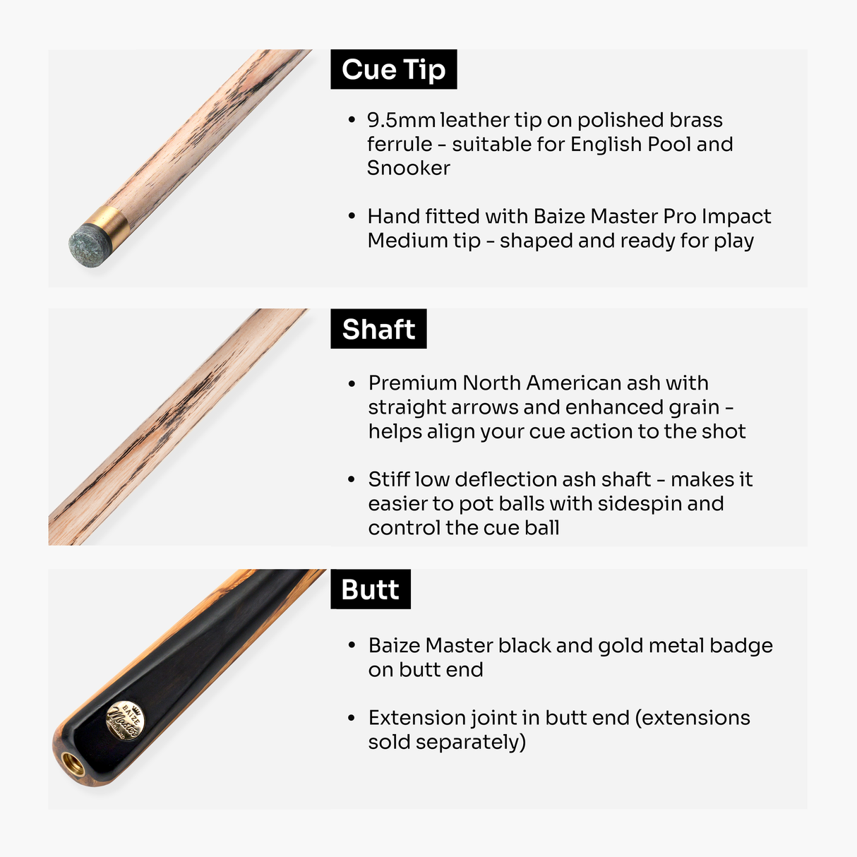 Baize Master Ember Centurion 58 Inch 3/4 Joint Hand Spliced Snooker and Pool Cue with 9.5mm Pro Impact Hybrid Tip Baize Master