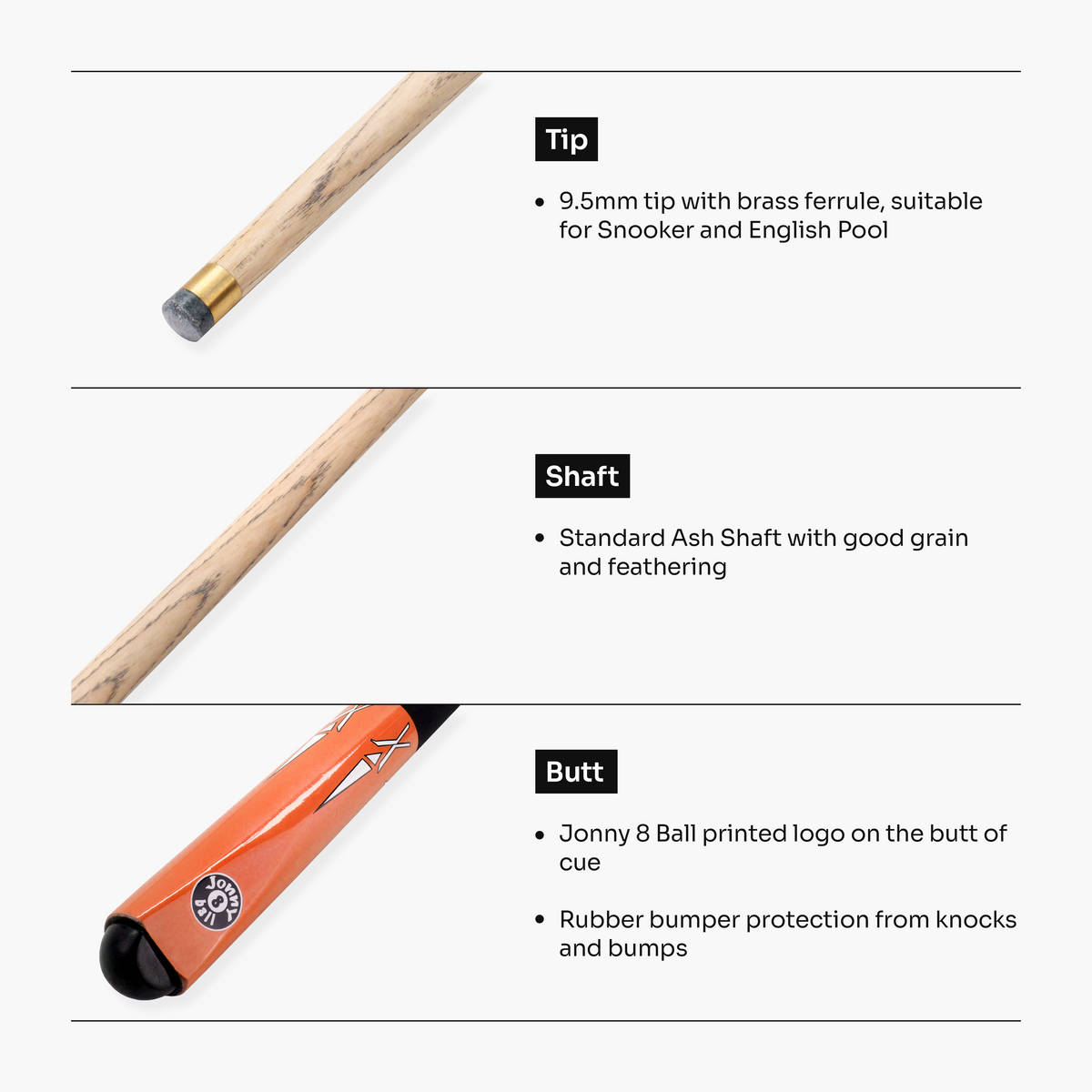 Jonny 8 Ball Orange Torpedo 48 Inch 2 Piece Junior Kids Snooker Pool Cue and Hard Case Set 9.5mm Tip