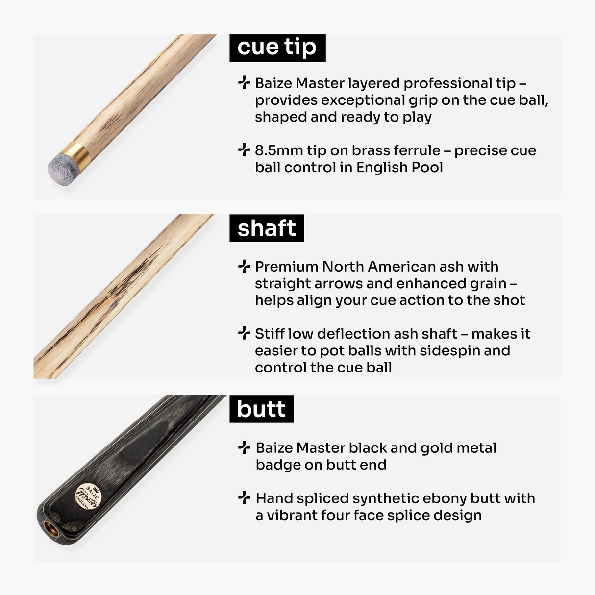 Baize Master Grey Marksman ¾ Joint English Pool Cue with 8.5mm Baize Master Blue Pressed Tip