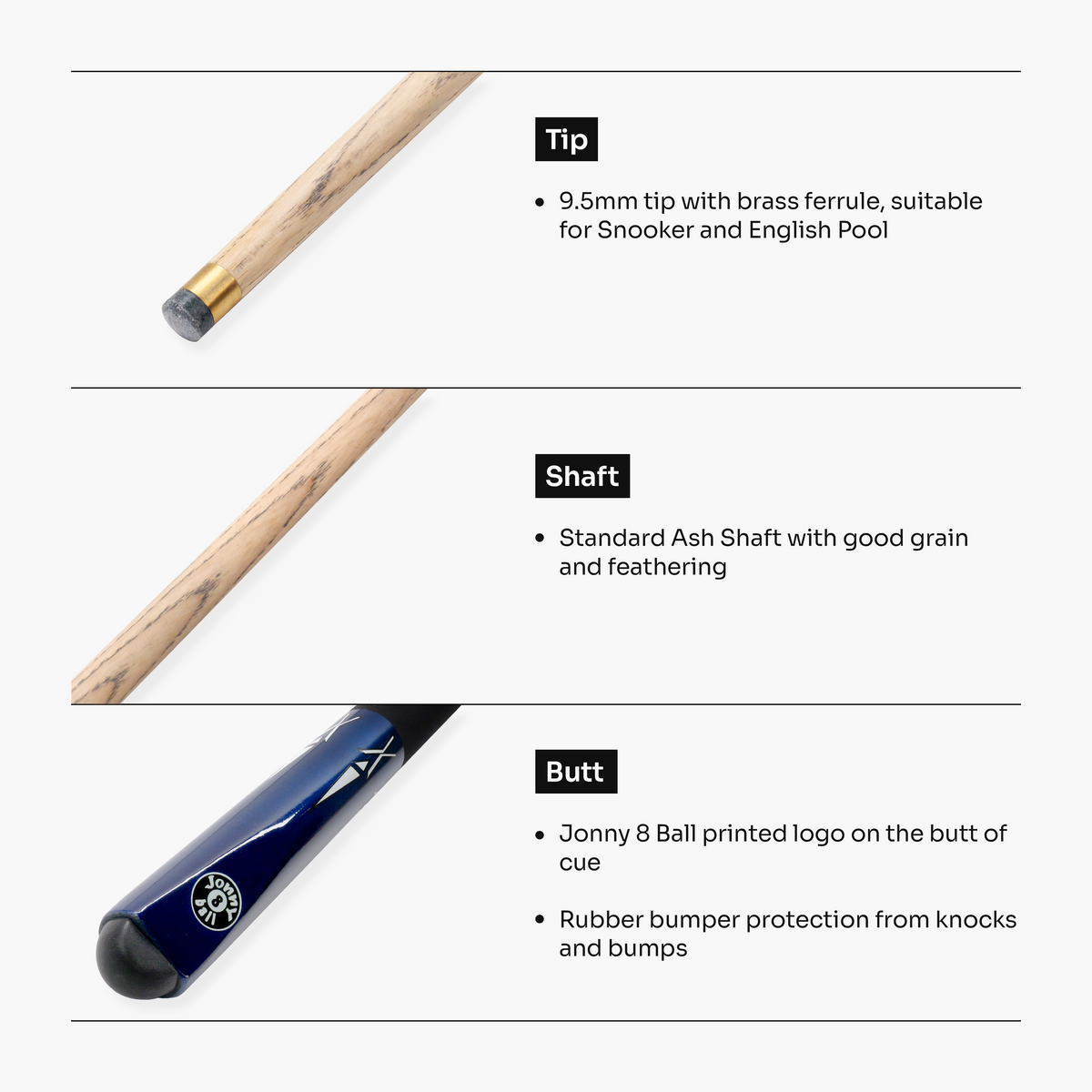 Jonny 8 Ball Torpedo 57 Inch 2 Piece Snooker and Pool Cue with 9.5mm Layered Tip