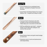 Baize Master Tiger Centurion 58 Inch 3/4 Joint Hand Spliced Snooker and Pool Cue with 9.5mm Pro Impact Hybrid Tip Baize Master