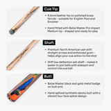Baize Master Prism Centurion 58 Inch 3/4 Joint Hand Spliced Snooker and Pool Cue with 9.5mm Pro Impact Hybrid Tip Baize Master