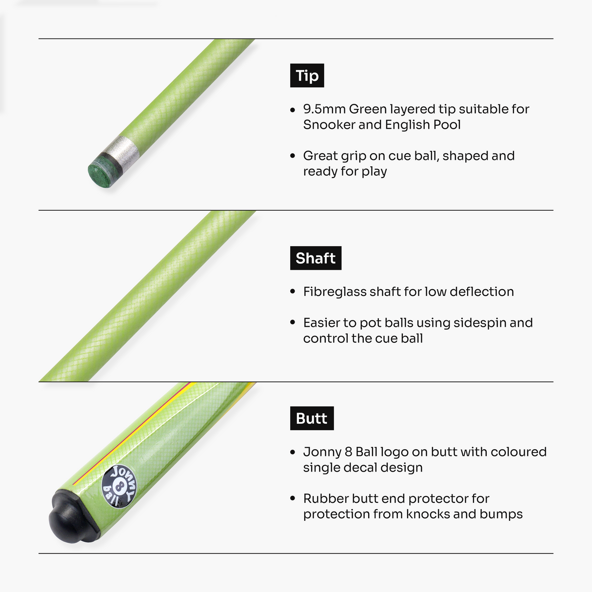 Jonny 8 Ball Inferno 2 Piece Graphite Fiberglass Cue and Case Set 9.5mm Green Layered Tip