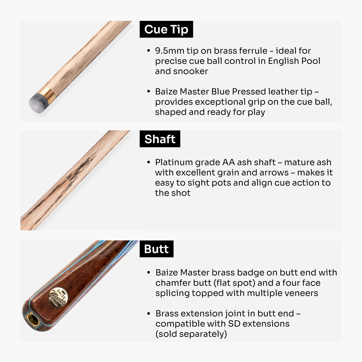 Baize Master Platinum Series Majestique 58 Inch ¾ Joint Hand Spliced Luxury Ash Snooker and Pool Cue with 8.5mm Baize Master Blue Pressed Tip and Genuine Ebony Butt