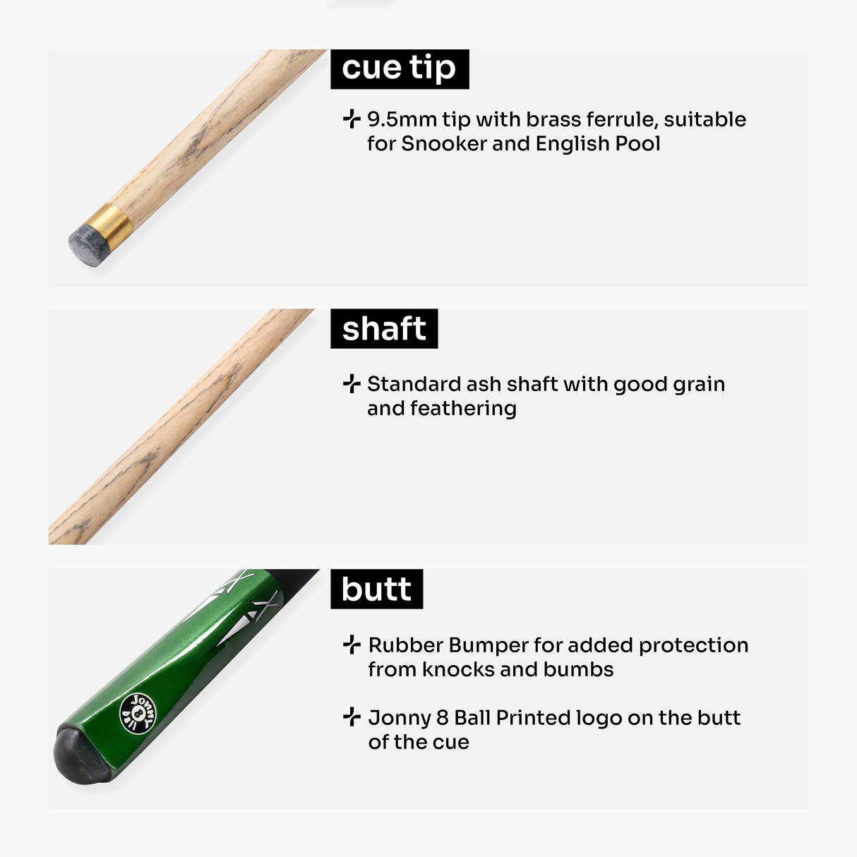 Jonny 8 Ball GREEN TORPEDO 48 Inch 2 Piece Junior Kids Snooker Pool Cue and Hard Case Set 9.5mm Tip