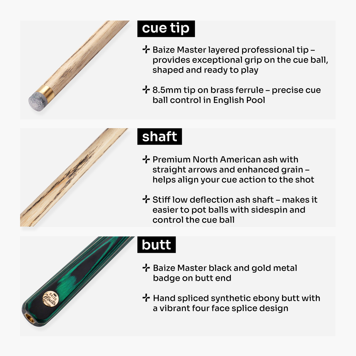 Baize Master Green Marksman ¾ Joint English Pool Cue with 8.5mm Baize Master Blue Pressed Tip
