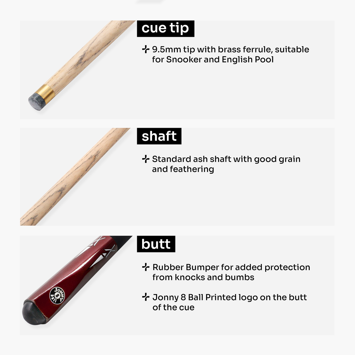 Jonny 8 Ball RED TORPEDO 48 Inch 2 Piece Junior Kids Snooker Pool Cue 9.5mm Tip