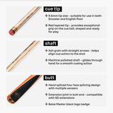 Baize Master 3/4 CRUCIBLE Hand Spliced 57 Inch Ash Snooker Pool Cue with 9.5mm Tip + Mini Butt Extension