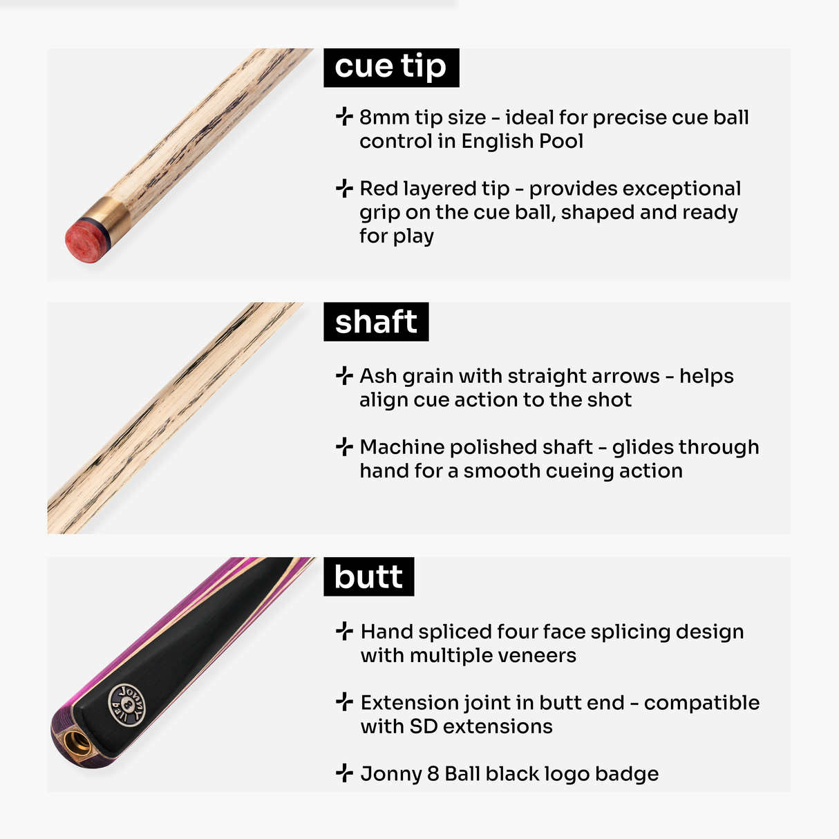 Jonny 8 Ball 2 Piece SNIPER 57 Inch Ash English Pool Cue with 8mm Pro Leather Tip