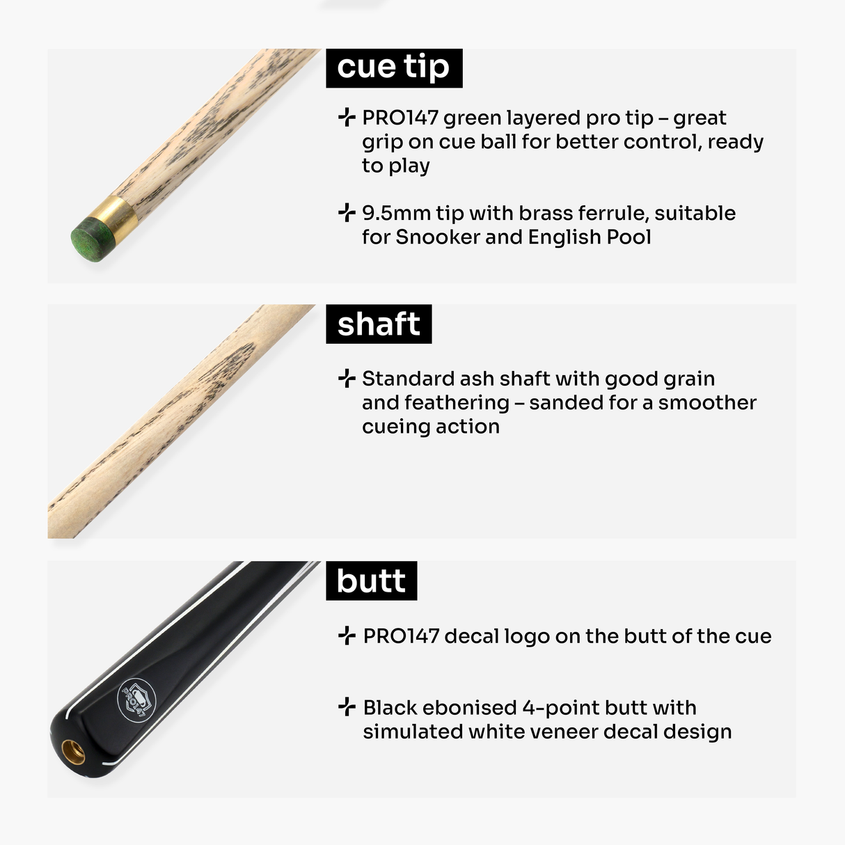PRO147 Black & White STRIKER 57 Inch 3/4 Snooker Pool Cue with 9.5mm Tip - Mini Butt Included