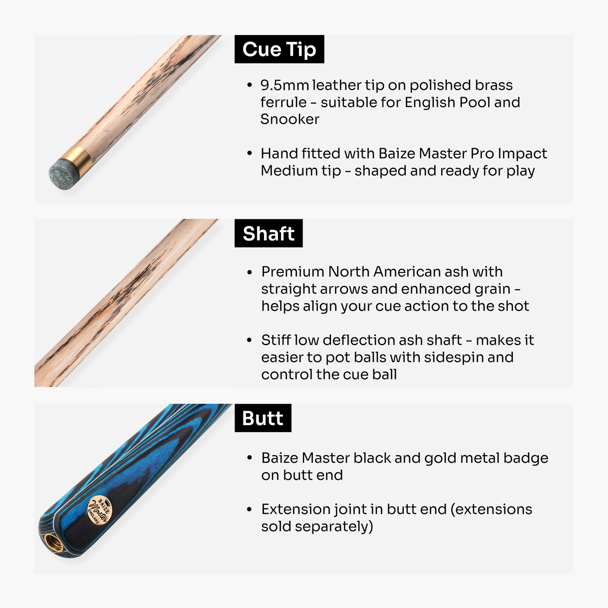 Baize Master Azure Centurion 58 Inch 3/4 Joint Hand Spliced Snooker and Pool Cue with 9.5mm Pro Impact Hybrid Tip Baize Master