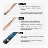Baize Master Azure Centurion 58 Inch 3/4 Joint Hand Spliced Snooker and Pool Cue with 9.5mm Pro Impact Hybrid Tip Baize Master
