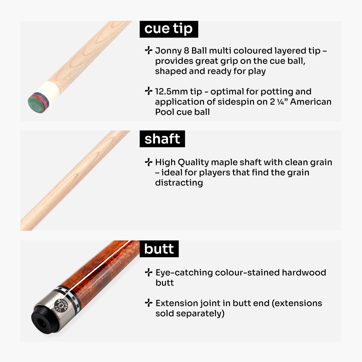 Jonny 8 Ball IRONWEAVE 2 Piece American Pool Cue with 12.5mm Layered Leather Tip