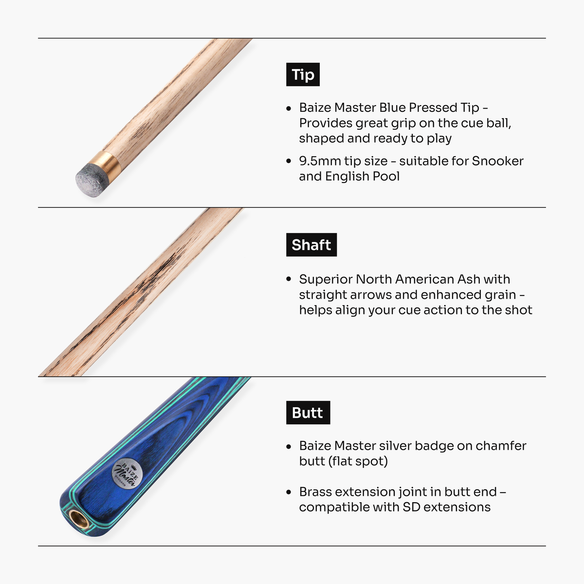 Baize Master Admiral 1 Piece Snooker and Pool Cue with 9.5mm Blue Pressed Tip