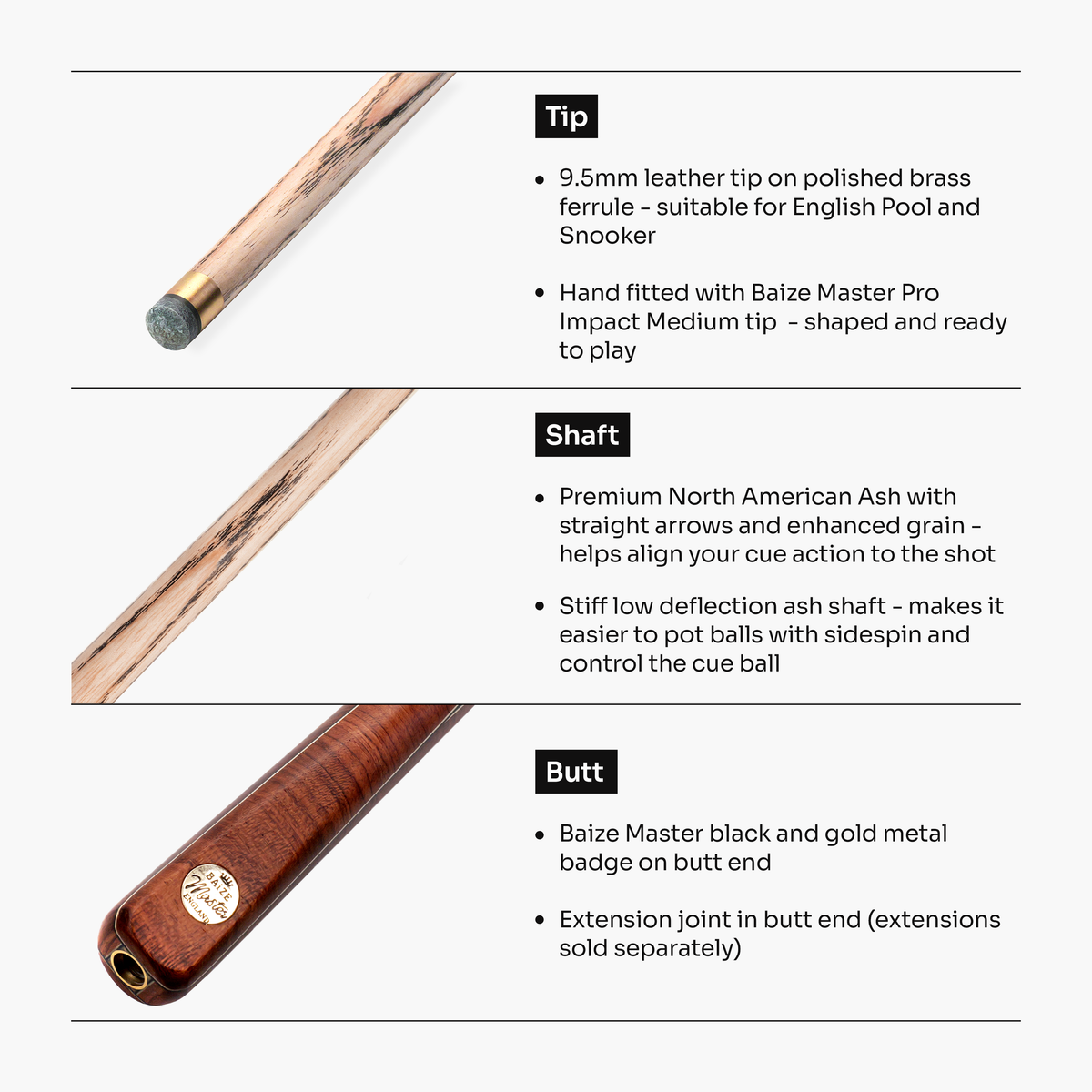Baize Master Russet Centurion 58 Inch 1 Piece Snooker and Pool Cue with 9.5mm Pro Impact Tip
