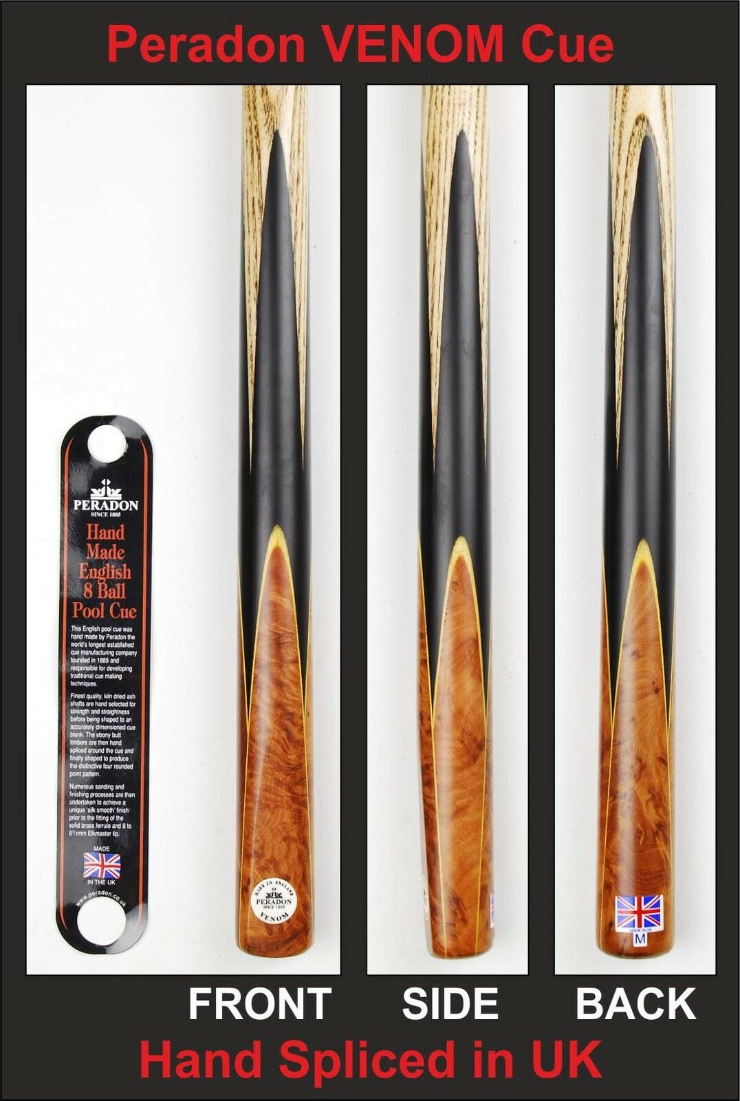 Peradon VENOM 55" Hand Spliced Thuya 3/4 Jointed Pool Cue + Mini Ext, 8mm Tip