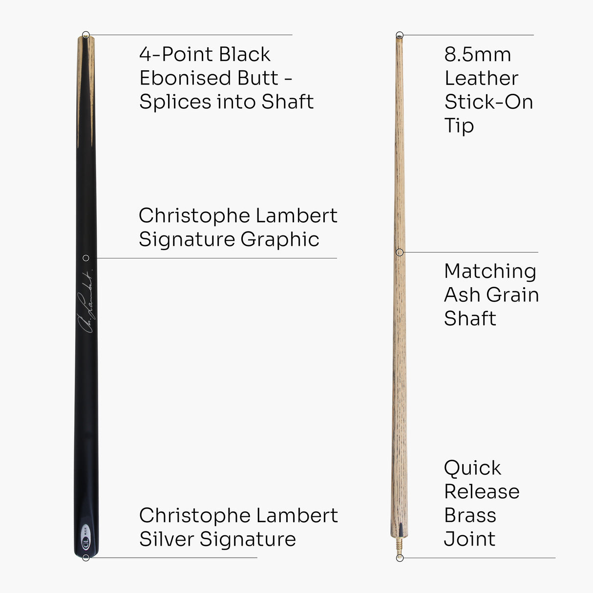 BCE Christophe Lambert 48 Inch JUNIOR CHAMPION 2pc English Pool Cue - 8.5mm Tip
