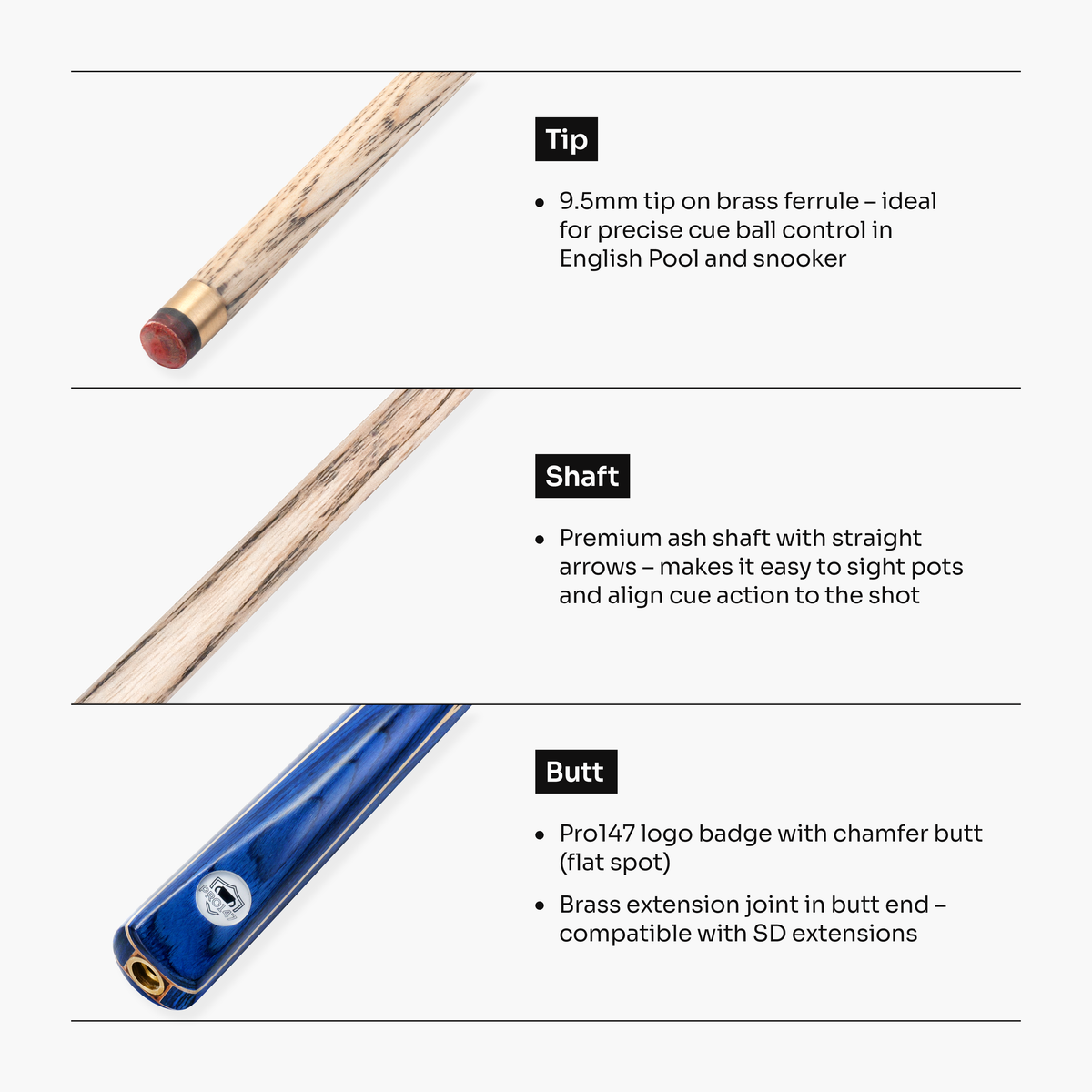 PRO147 Trident 1 Piece Snooker and Pool Cue and Case Set with 9.5mm Layered Tip