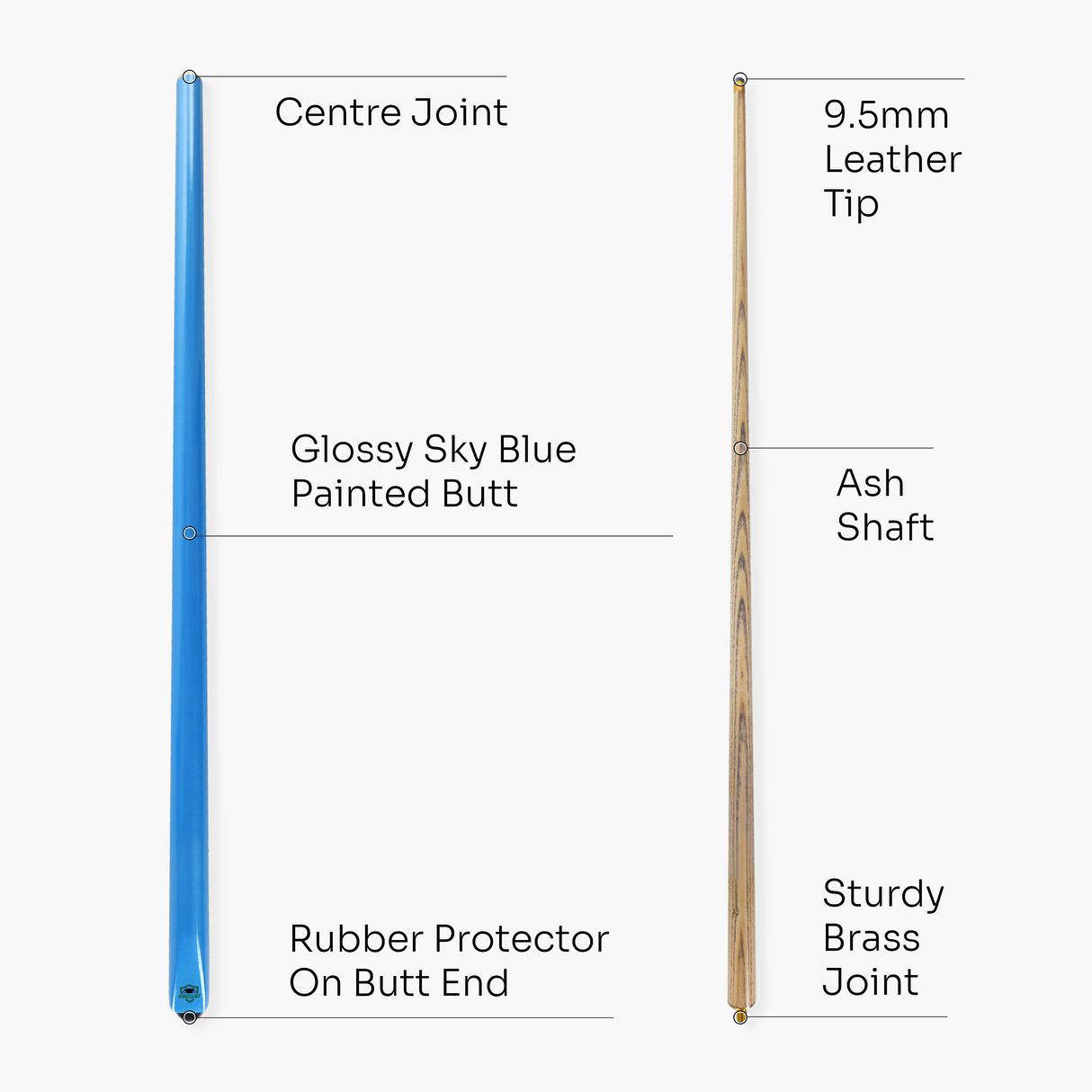 PRO147 SKY BLUE Butt 2 Piece Centre Joint Snooker Pool Cue with 9.5mm Tip