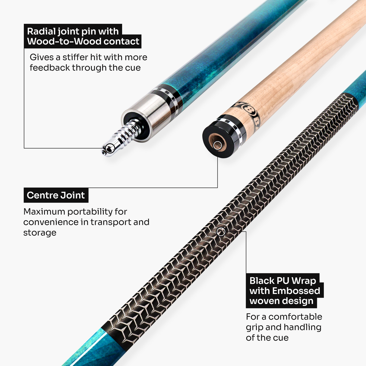 Jonny 8 Ball IRONWEAVE 2 Piece American Pool Cue and Case Set with 12.5mm Layered Leather Tip